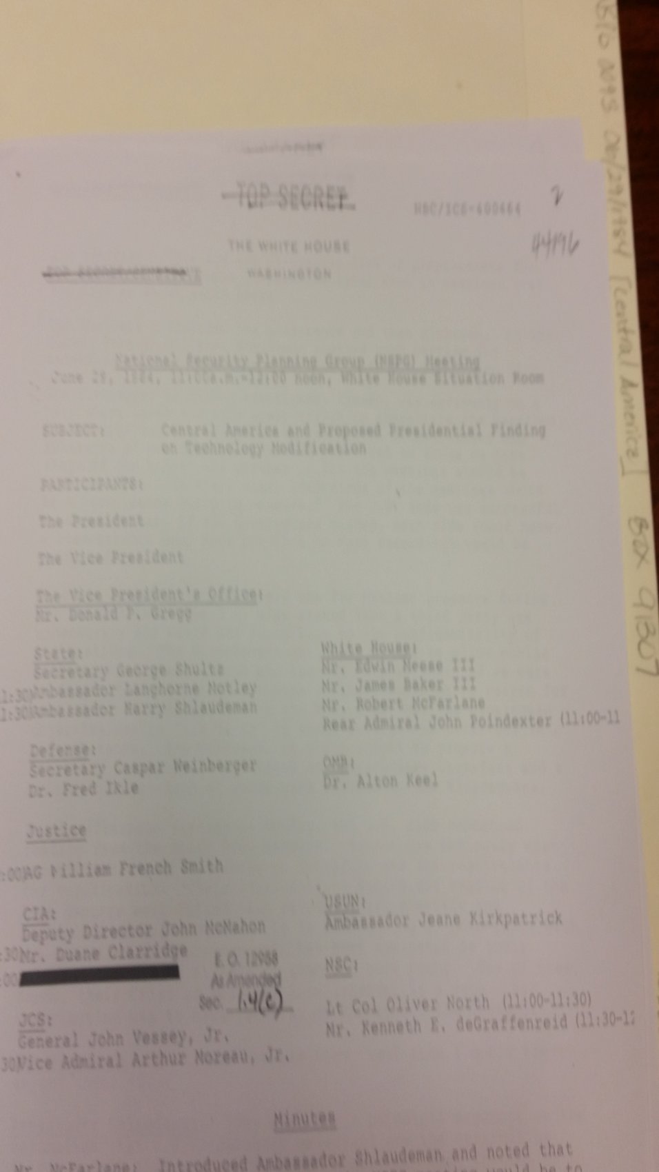 Typed White House cover page, marked Top Secret, for the National Security Planning Group meeting of June 29, 1984. Subject: Central America and Proposed Presidential Finding on Technology Modification.