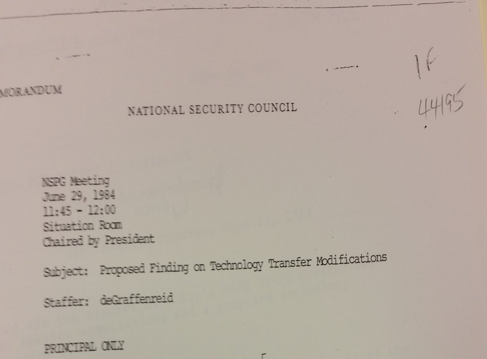 Typed National Security Council RSVP list: NSPG Meeting, June 29, 1984, 11:45 to 12:00, Situation Room, Chaired by President. Subject: Proposed Finding on Technology Transfer Modifications. Principal only.